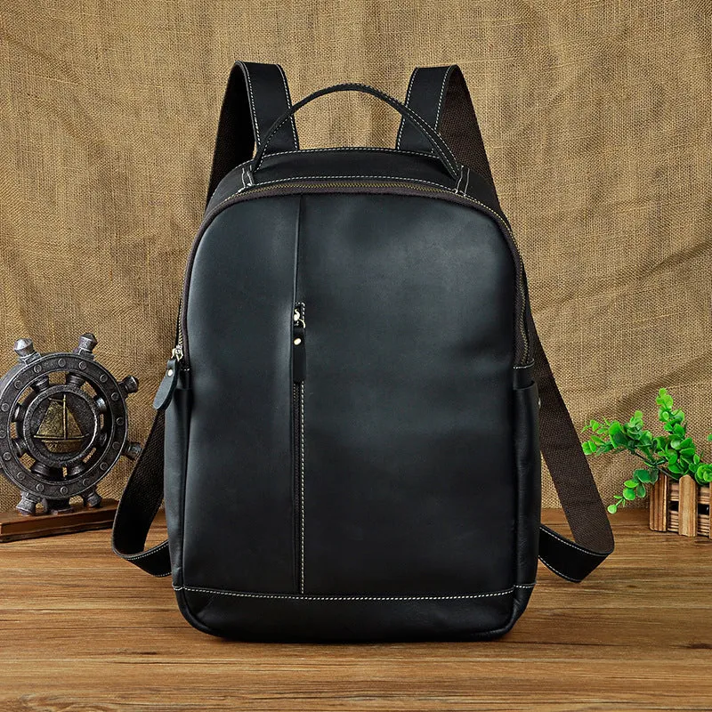 Genuine Leather Mens Cool Black Backpack for School Travel Bag Hiking Bag For Men
