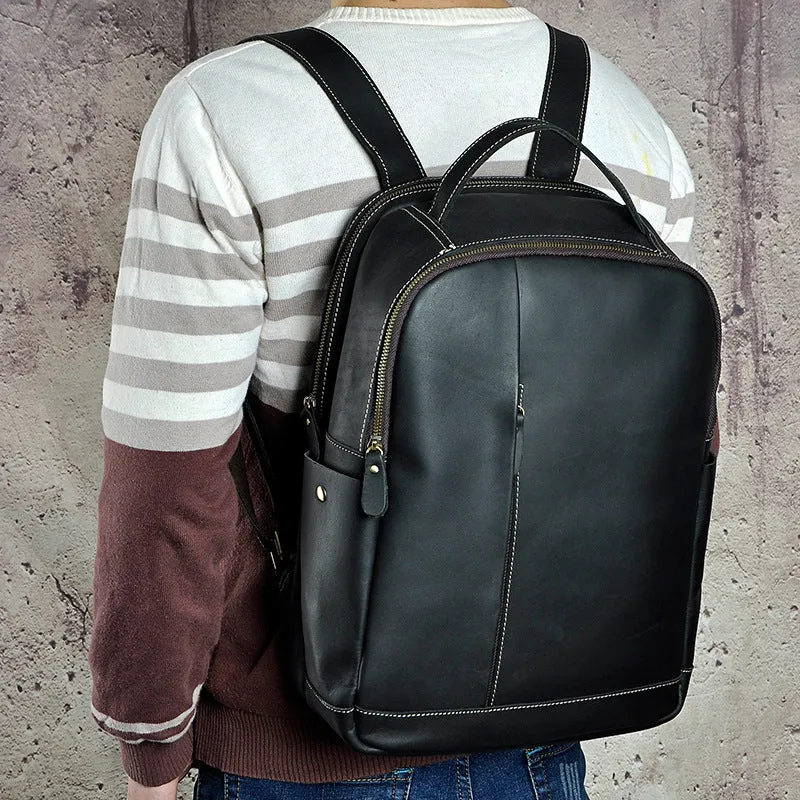 Genuine Leather Mens Cool Black Backpack for School Travel Bag Hiking Bag For Men