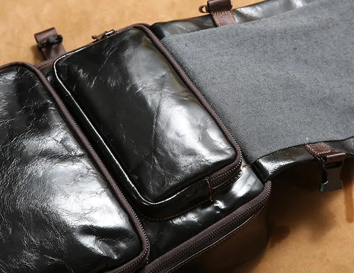 Genuine Leather Mens Cool Black Backpack Laptop Bag Large Travel Bag Hiking Bag for Men