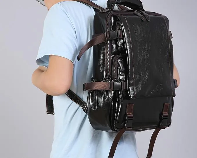 Genuine Leather Mens Cool Black Backpack Laptop Bag Large Travel Bag Hiking Bag for Men