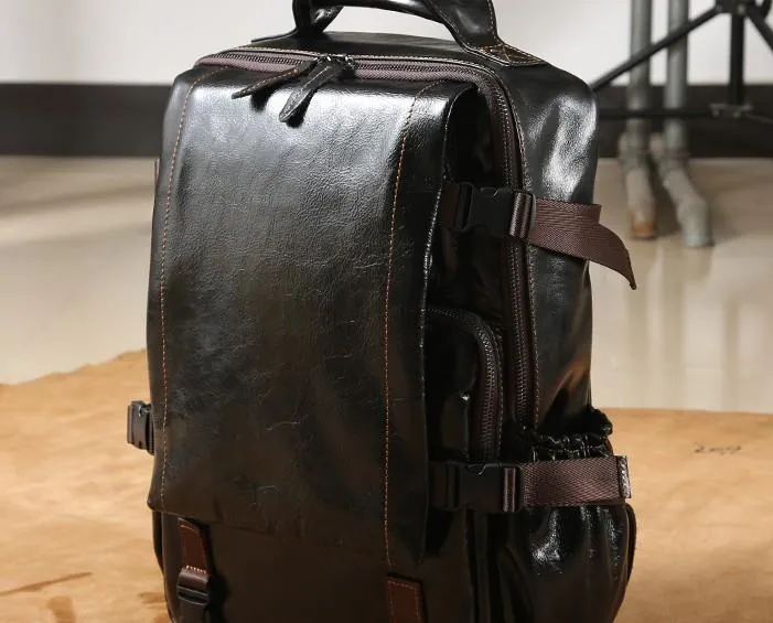 Genuine Leather Mens Cool Black Backpack Laptop Bag Large Travel Bag Hiking Bag for Men