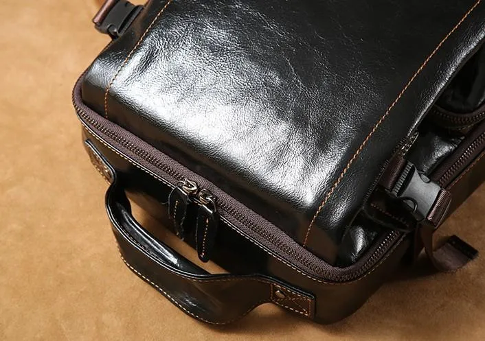 Genuine Leather Mens Cool Black Backpack Laptop Bag Large Travel Bag Hiking Bag for Men