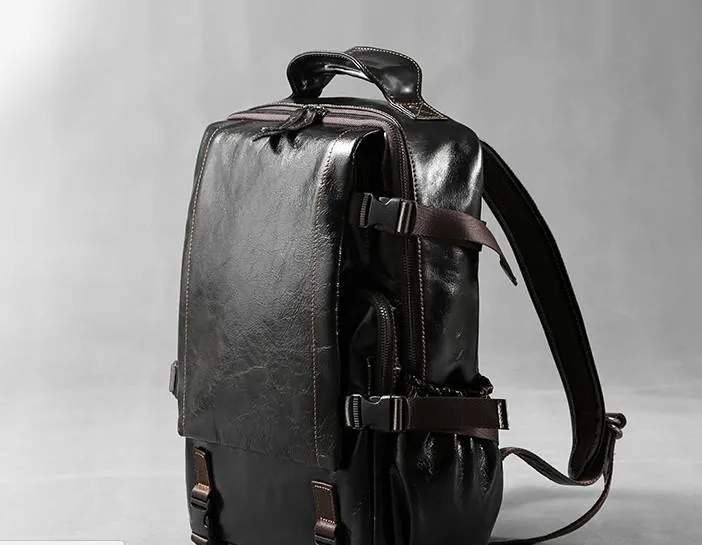 Genuine Leather Mens Cool Black Backpack Laptop Bag Large Travel Bag Hiking Bag for Men