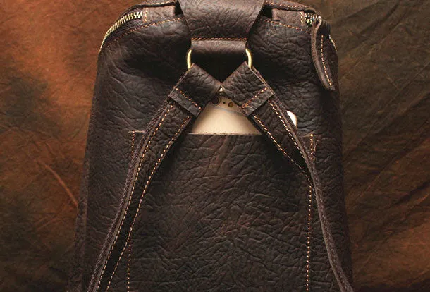Genuine Leather Mens Cool Bucket Backpack Travel Bag Hiking Bag For Mens