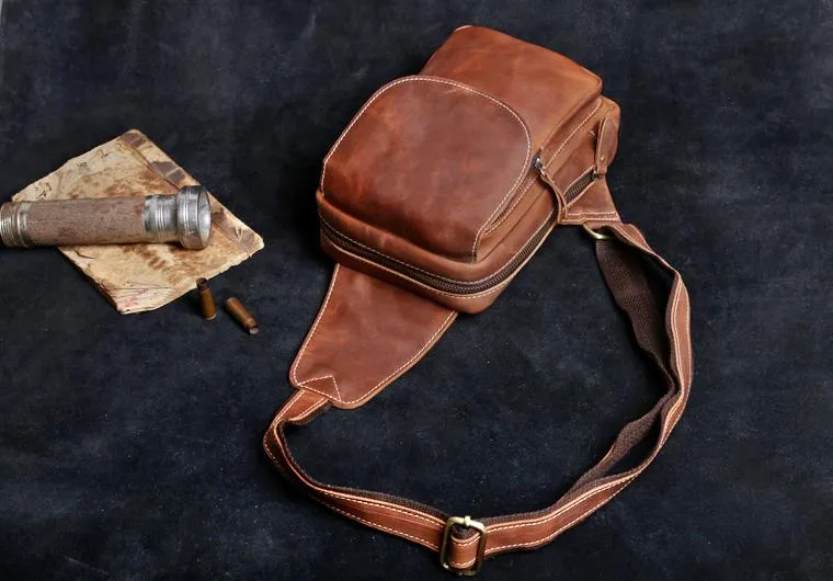 Genuine Leather Mens Cool Chest Bag Brown Sling Bag One Shoulder Backpack for men