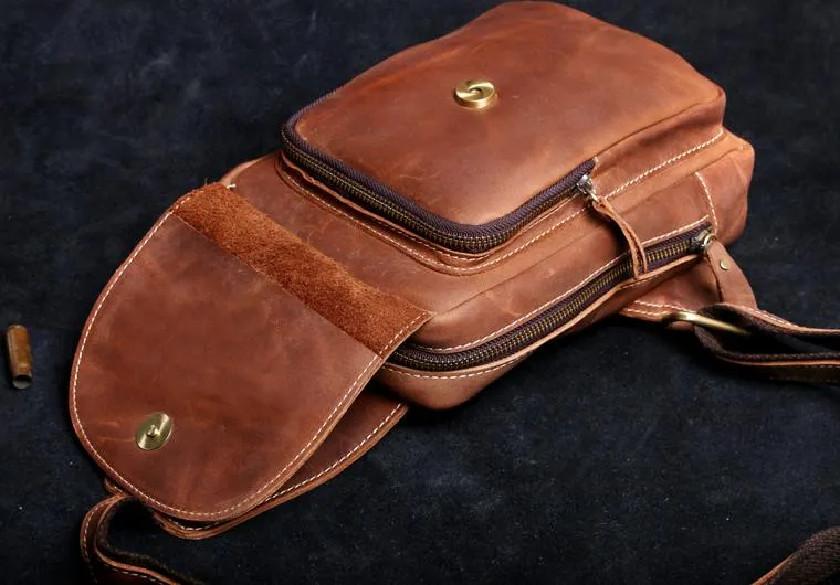 Genuine Leather Mens Cool Chest Bag Brown Sling Bag One Shoulder Backpack for men