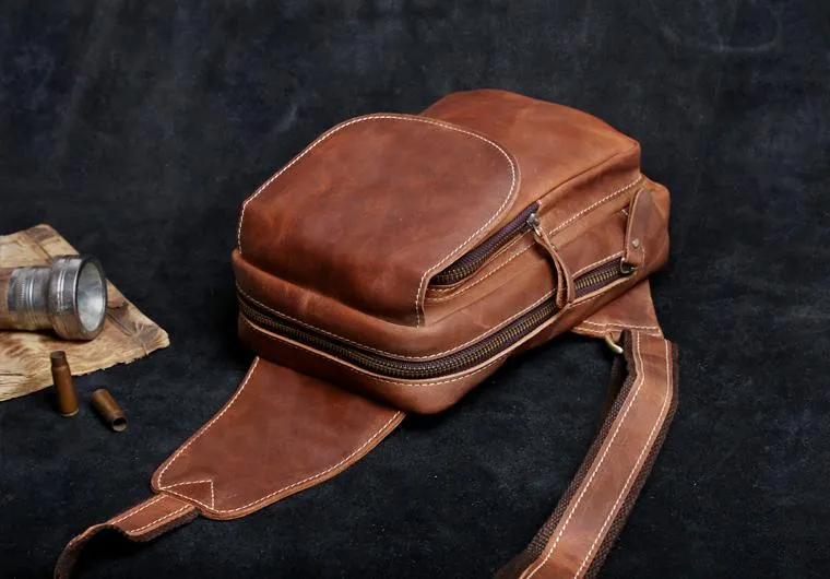 Genuine Leather Mens Cool Chest Bag Brown Sling Bag One Shoulder Backpack for men