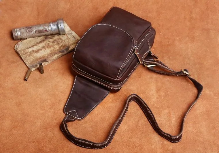 Genuine Leather Mens Cool Chest Bag Brown Sling Bag One Shoulder Backpack for men