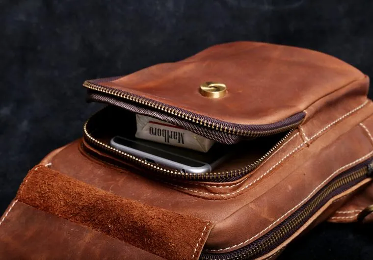 Genuine Leather Mens Cool Chest Bag Brown Sling Bag One Shoulder Backpack for men