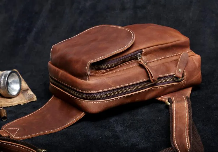 Genuine Leather Mens Cool Chest Bag Brown Sling Bag One Shoulder Backpack for men