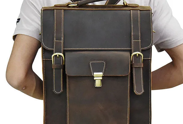 Genuine Leather Mens Cool Messenger Bag Backpack Large Black Travel Bag Hiking Bag For Men