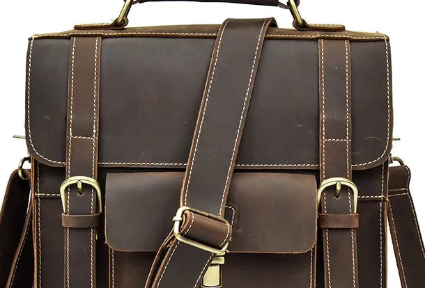 Genuine Leather Mens Cool Messenger Bag Backpack Large Black Travel Bag Hiking Bag For Men