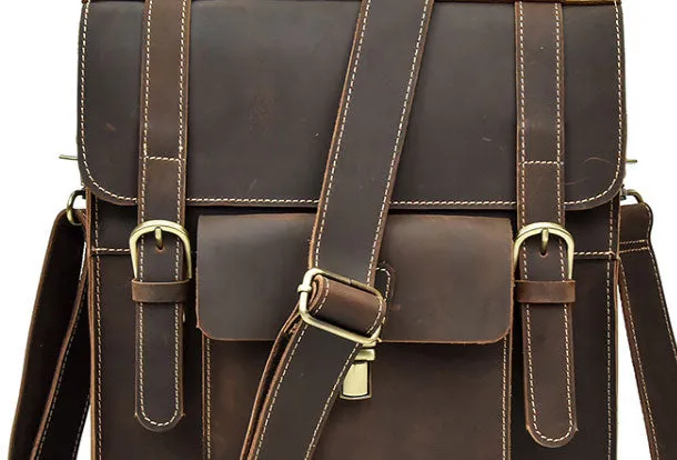 Genuine Leather Mens Cool Messenger Bag Backpack Large Black Travel Bag Hiking Bag For Men