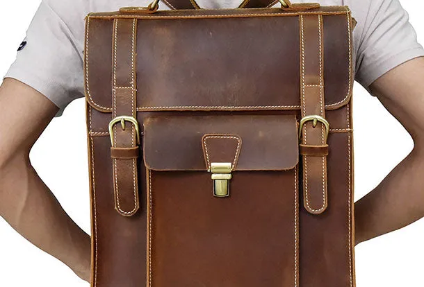 Genuine Leather Mens Cool Messenger Bag Backpack Large Black Travel Bag Hiking Bag For Men