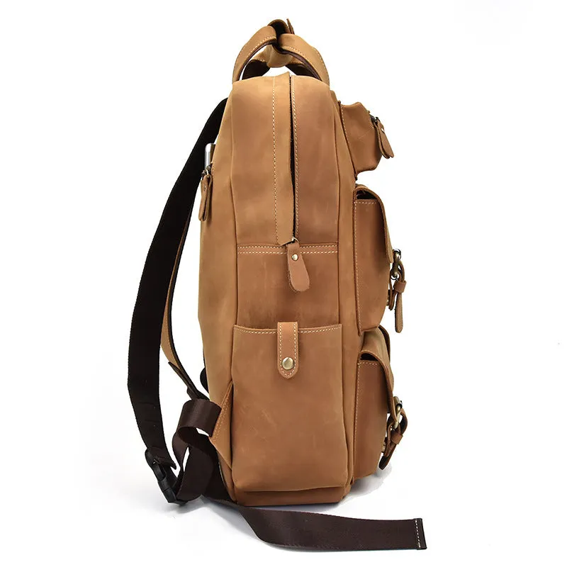 Genuine Leather Vintage Mens Cool Backpack Large Camel Travel Bag Hiking Bag For Men