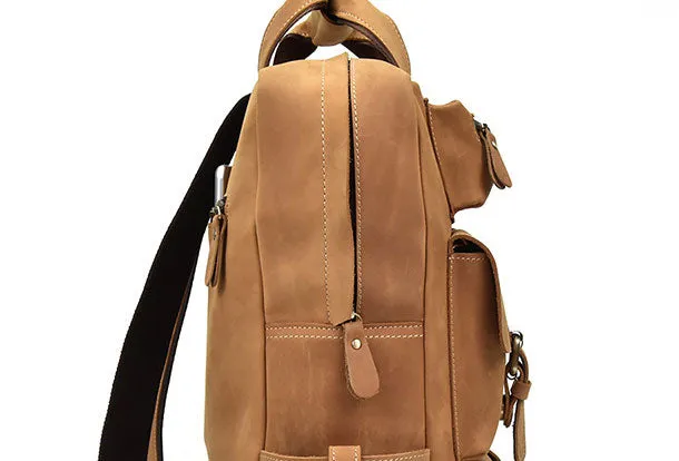 Genuine Leather Vintage Mens Cool Backpack Large Camel Travel Bag Hiking Bag For Men
