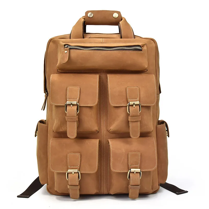 Genuine Leather Vintage Mens Cool Backpack Large Camel Travel Bag Hiking Bag For Men