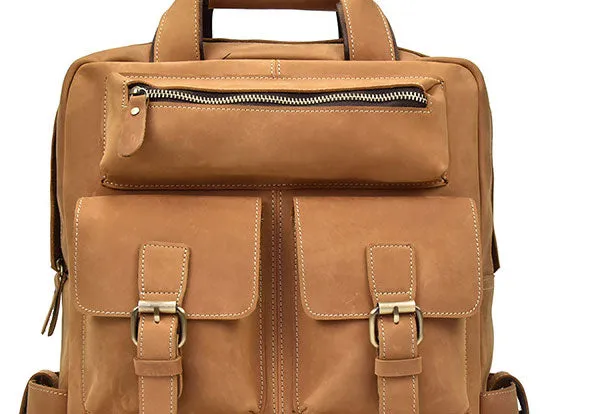 Genuine Leather Vintage Mens Cool Backpack Large Camel Travel Bag Hiking Bag For Men