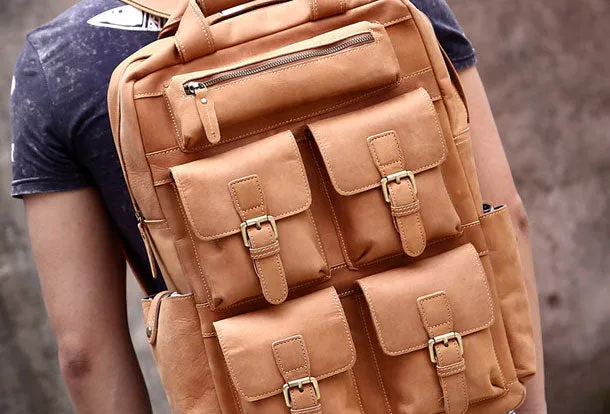 Genuine Leather Vintage Mens Cool Backpack Large Camel Travel Bag Hiking Bag For Men