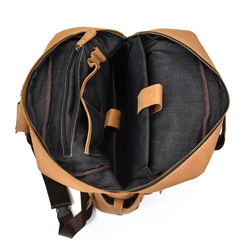 Genuine Leather Vintage Mens Cool Backpack Large Camel Travel Bag Hiking Bag For Men