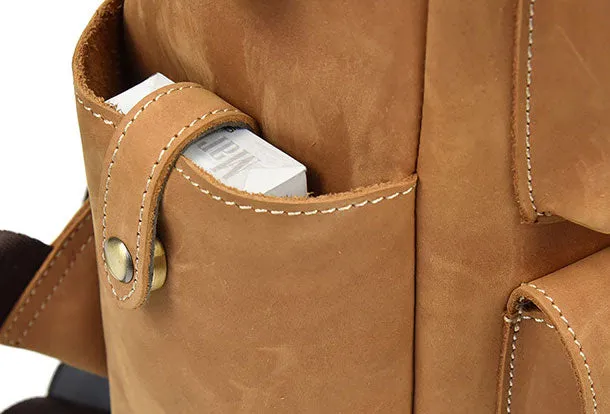 Genuine Leather Vintage Mens Cool Backpack Large Camel Travel Bag Hiking Bag For Men