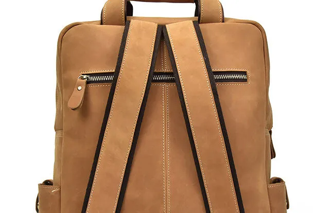 Genuine Leather Vintage Mens Cool Backpack Large Camel Travel Bag Hiking Bag For Men