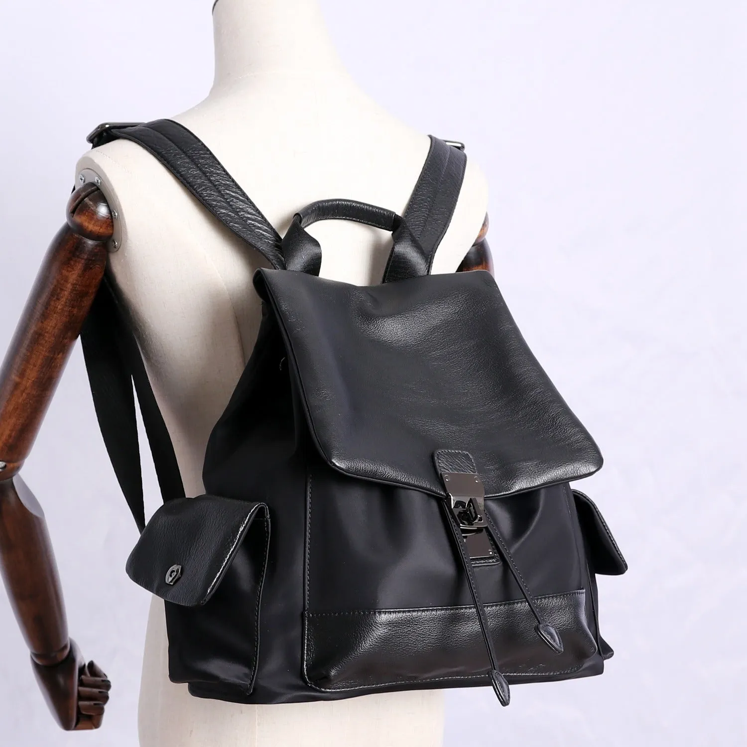 Girl Black Nylon Leather Satchel Rucksack Womens School Backpacks Purse Nylon Leather Travel Rucksack for Ladies