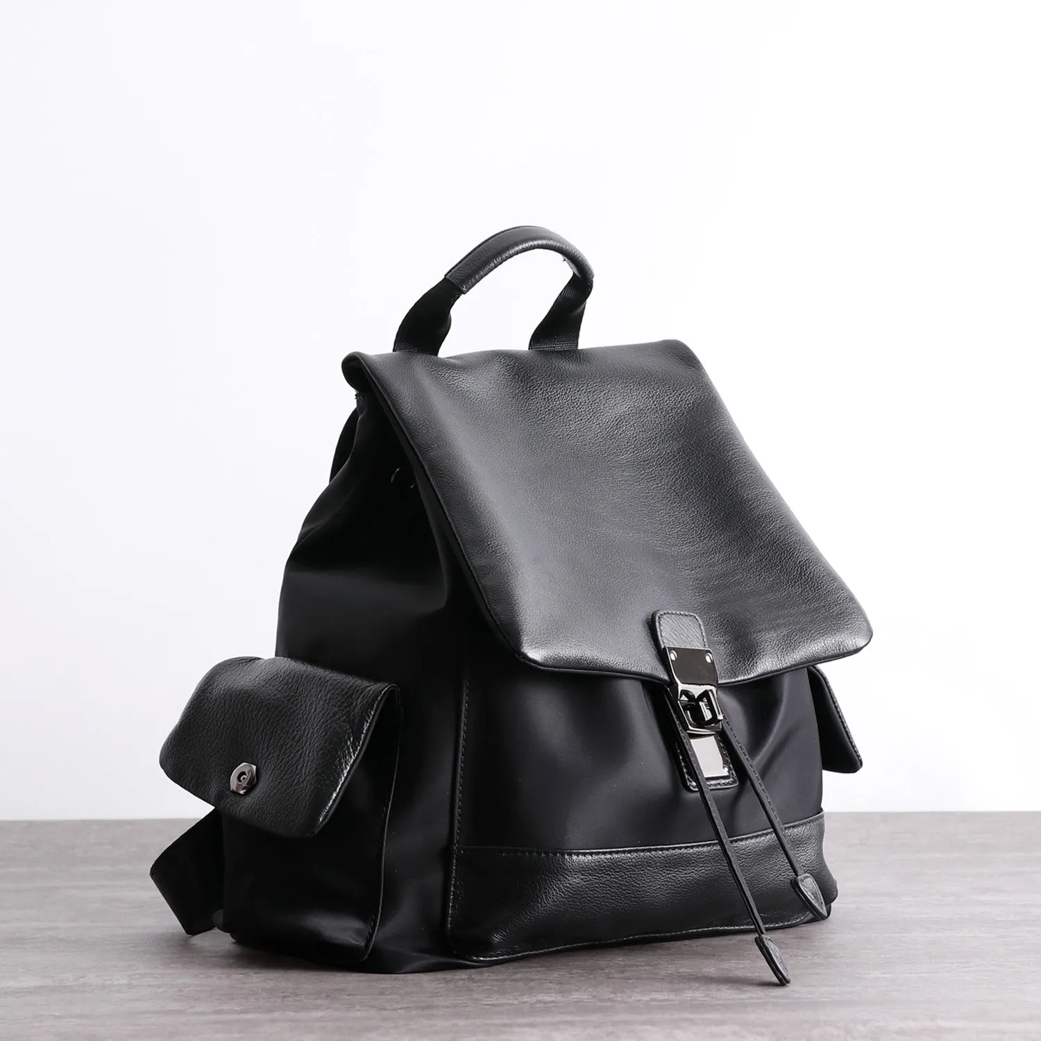 Girl Black Nylon Leather Satchel Rucksack Womens School Backpacks Purse Nylon Leather Travel Rucksack for Ladies