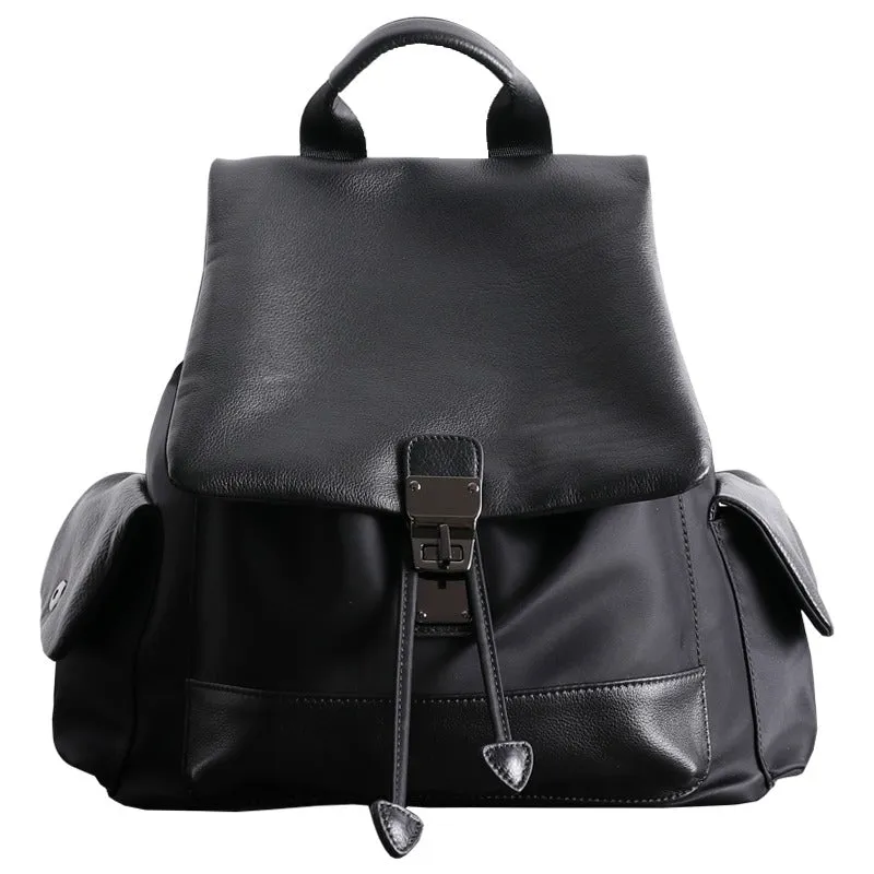 Girl Black Nylon Leather Satchel Rucksack Womens School Backpacks Purse Nylon Leather Travel Rucksack for Ladies