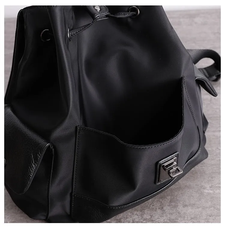 Girl Black Nylon Leather Satchel Rucksack Womens School Backpacks Purse Nylon Leather Travel Rucksack for Ladies