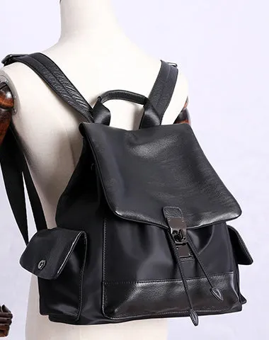 Girl Black Nylon Leather Satchel Rucksack Womens School Backpacks Purse Nylon Leather Travel Rucksack for Ladies