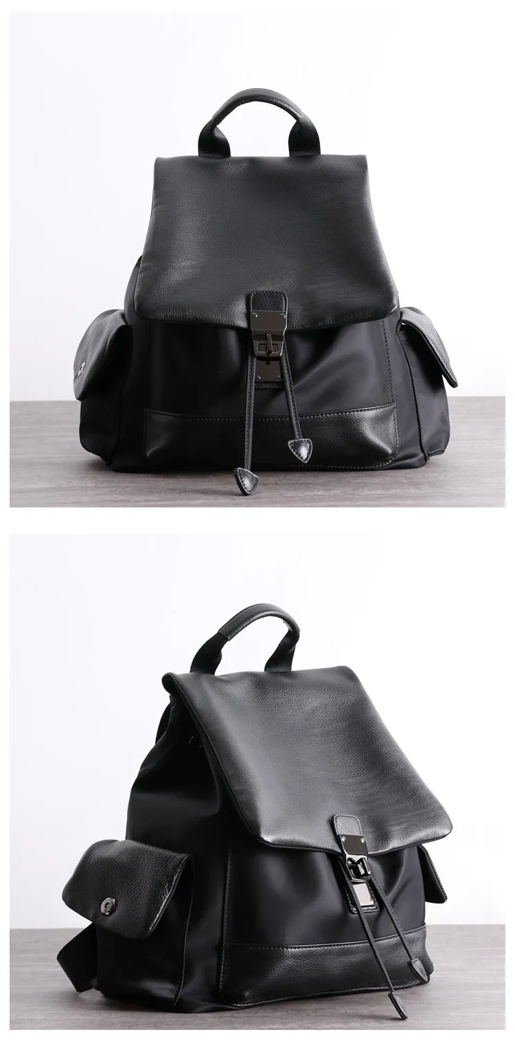 Girl Black Nylon Leather Satchel Rucksack Womens School Backpacks Purse Nylon Leather Travel Rucksack for Ladies