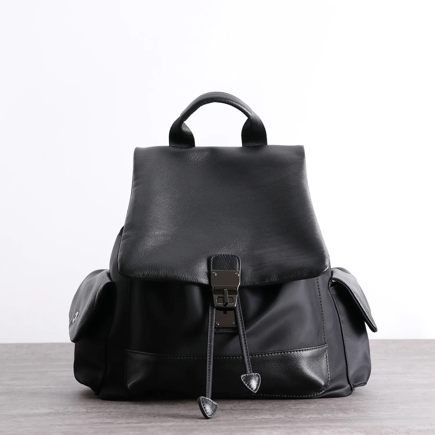 Girl Black Nylon Leather Satchel Rucksack Womens School Backpacks Purse Nylon Leather Travel Rucksack for Ladies