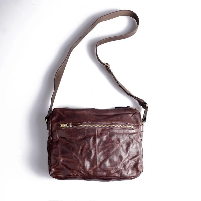 Handmade Black Wrinkled Leather Men Postman Bag Coffee Cool Courier Bag Messenger Bag One Shoulder Backpack For Men