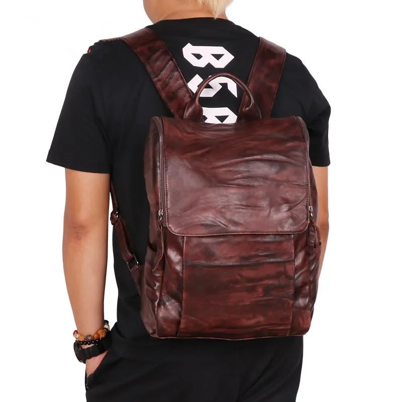 Handmade Cool Leather Men's Backpack Travel Backpack 14inch Computer Backpack For Men