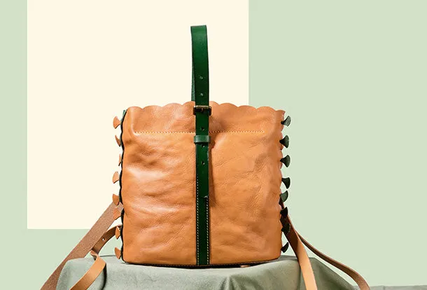 Handmade Genuine Leather Backpack Bag Bucket Bag Handbag Shoulder Bag Leather Purse For Women