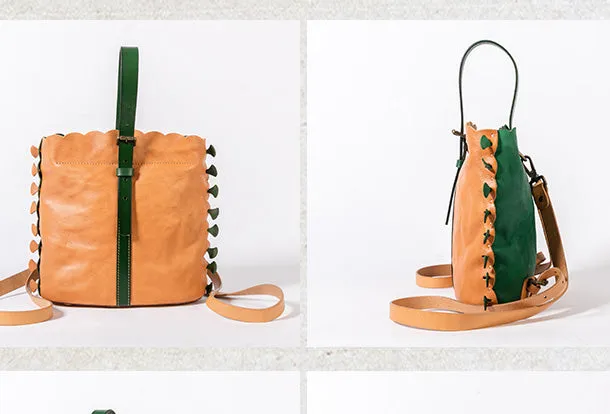 Handmade Genuine Leather Backpack Bag Bucket Bag Handbag Shoulder Bag Leather Purse For Women