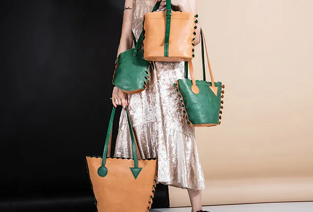 Handmade Genuine Leather Backpack Bag Bucket Bag Handbag Shoulder Bag Leather Purse For Women