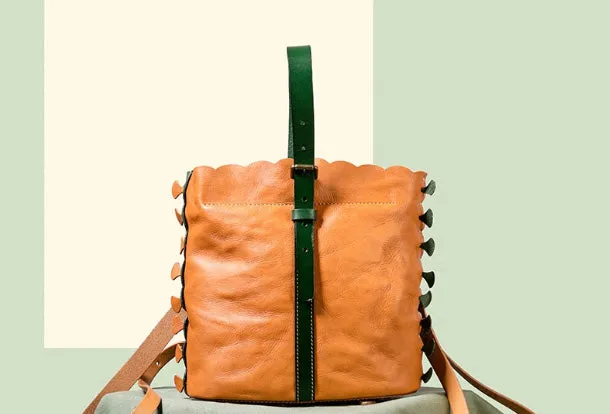 Handmade Genuine Leather Backpack Bag Bucket Bag Handbag Shoulder Bag Leather Purse For Women