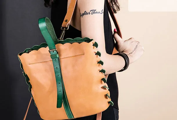 Handmade Genuine Leather Backpack Bag Bucket Bag Handbag Shoulder Bag Leather Purse For Women