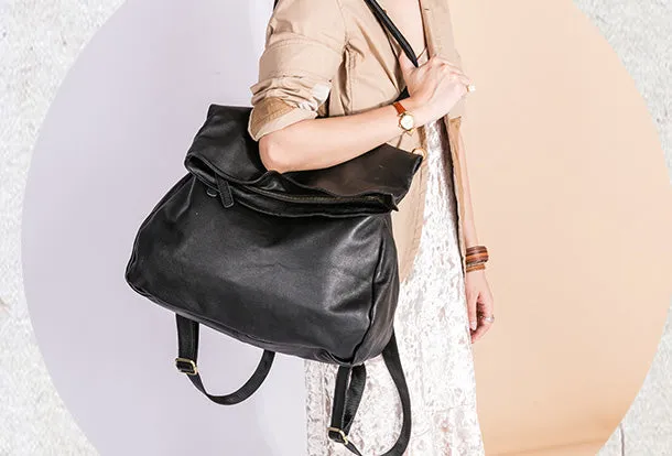 Handmade Genuine Leather Backpack Bag Shoulder Bag Black Women Leather Purse