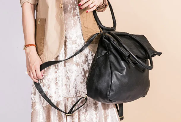 Handmade Genuine Leather Backpack Bag Shoulder Bag Black Women Leather Purse