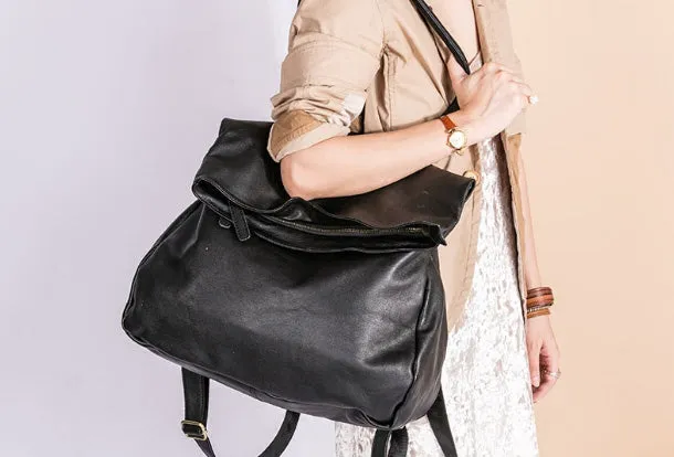 Handmade Genuine Leather Backpack Bag Shoulder Bag Black Women Leather Purse