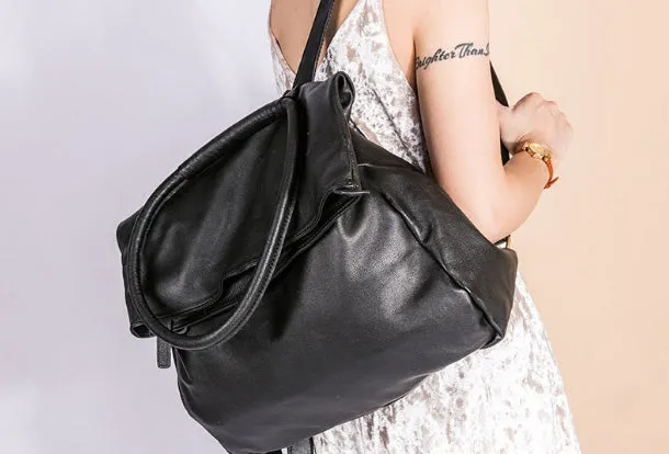 Handmade Genuine Leather Backpack Bag Shoulder Bag Black Women Leather Purse