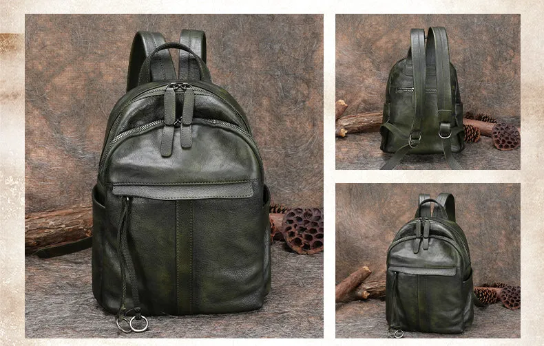 Handmade Green Leather Backpacks Womens Best School Rucksack Ladies Leather Backpack Purses