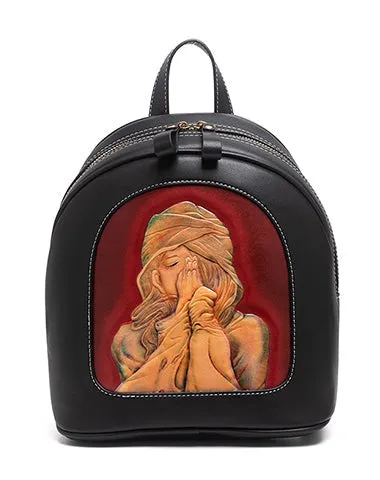 Handmade Ladies Black Leather Small Backpack Deer Tooled Womens Leather Rucksack