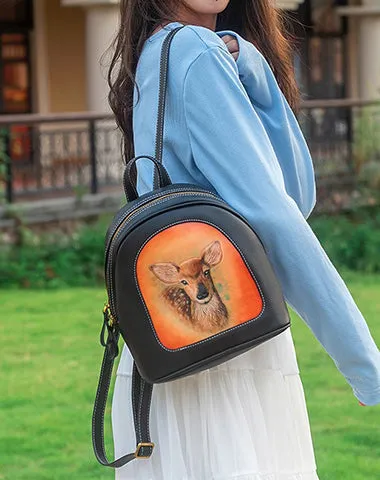 Handmade Ladies Black Leather Small Backpack Deer Tooled Womens Leather Rucksack