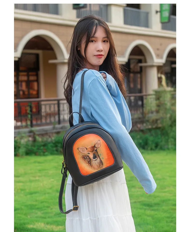 Handmade Ladies Black Leather Small Backpack Deer Tooled Womens Leather Rucksack