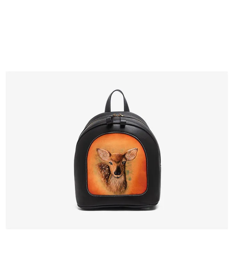 Handmade Ladies Black Leather Small Backpack Deer Tooled Womens Leather Rucksack
