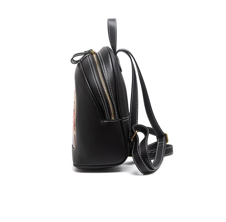 Handmade Ladies Black Leather Small Backpack Deer Tooled Womens Leather Rucksack